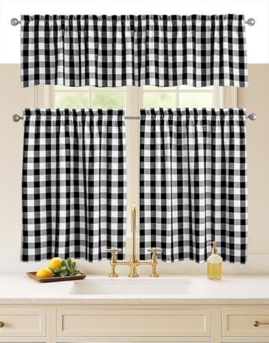 Softopia Cotton Black White Gingham 3 Piece Window Curtain Set, 2 Tiers 26x36 Inch and 1 Valance 54x18 Inch, Semi Sheer Rod Pocket Short Curtains for Kitchen, Living Room, Bedroom and Bathroom
