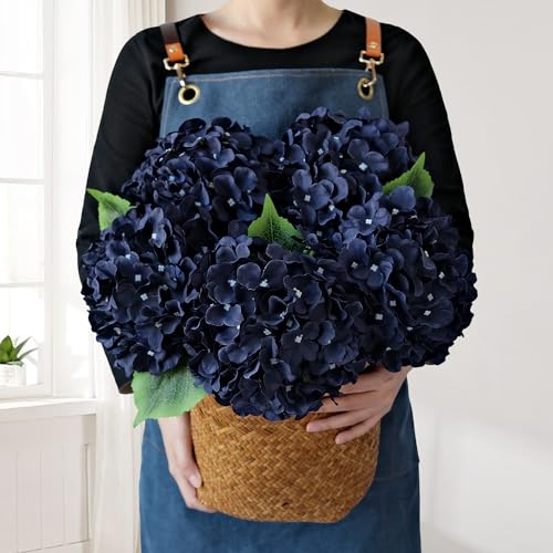 JINWOE Dark Navy Blue Silk Hydrangea,5Pcs 20Inch Full Large Artificial Flower Heads with Stems Fake Hydrangeas Flowers for DIY Wedding Centerpiece Home Decor