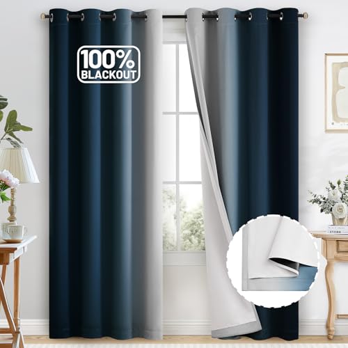 COSVIYA 100% Blackout Curtains for Bedroom with White Back, Double Layer Thermal Insulated Noise Reducing Grommet Window Curtains(52x90 Inch, Ombre Navy Blue, 2 Panels)