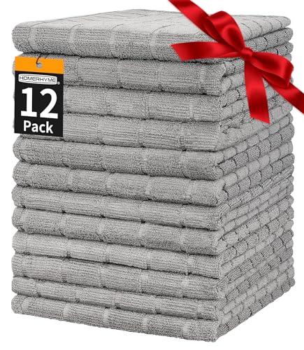 HOMERHYME Hand Towels, 12 Pack 25''*15'' Microfiber Bathroom Hand Towels, Grey All-Purpose Quick Dry Lint Free Soft Absorbent Bulk Checkered Washcloths Bath Towels for Travel Gym Hotel Kitchen Salon