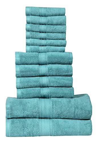 HILLFAIR 12-Piece Super Soft Cotton Bath Towels - 600 GSM - Hotel Spa Set: 2 Bath, 4 Hand, 6 Washcloths - Absorbent - Aqua