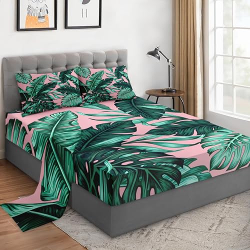 WeCozy 3 Pieces Twin Size Bed Sheet Sets with Pillowcases, Tropical Green Leaves Pink Leaf Soft Microfiber Bedding for Kids and Adults, Flat, Fitted Sheet for Bedroom Bed Decor