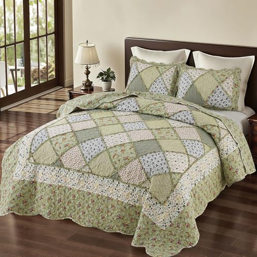 VIVILINEN Quilt Set Queen Size Green Patchwork Floral Quilted Bedspread Coverlet Set 3-Piece Reversible Comforter Lightweight Stitched Quilt Bedding Set Bed Sheet Cover Blanket with 2 Pillow Shams