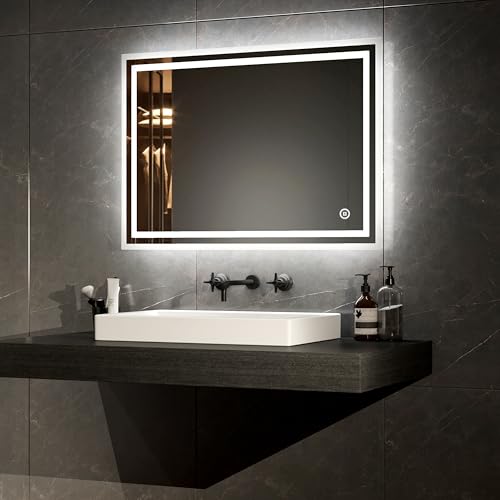 EMKE Bathroom Vanity Mirror with LED Lights, Frameless LED Wall-Mounted Backlight Bathroom Mirrors with Demister Pad, Touch Switch, Vertical & Horizontal, 500 x 700 mm