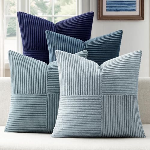 ANRODUO Pack of 4 Decorative Throw Pillows for Couch Neutral Blue 20x20 Inch Boho Cozy Soft Corduroy Cushion Covers Farmhouse Accent Pillowcases for Mid Century Coastal Spring Home Decor Living Room