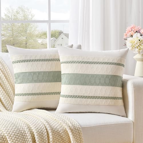 Fancy Homi Set of 2 Sage Green Boho Decorative Throw Pillow Covers 16x16 Inch for Living Room Bedroom Couch Bed Indoors, Rustic Retro Cushion Case 40x40 cm, Bohemian Room Home Decor