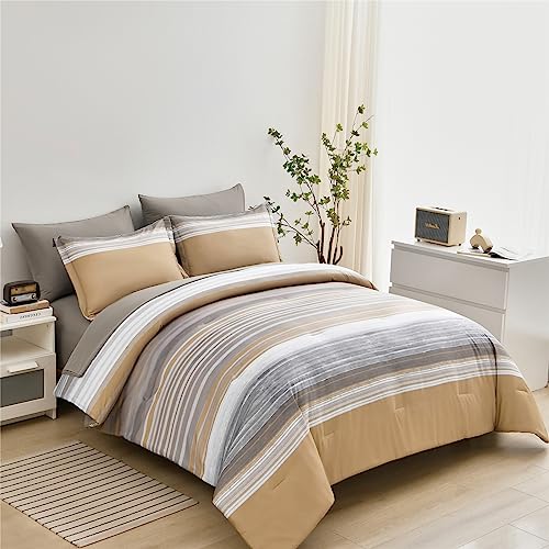 KAKIJUMN 7 Piece Bed in a Bag Stripe Comforter Set Full Size, White Grey Khaki Striped Comforter and Sheet Set, All Season Soft Microfiber Complete Bedding Set(Khaki,Full)