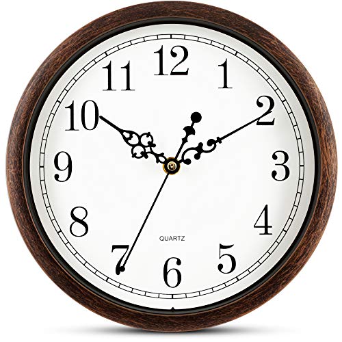 Bernhard Products Wall Clock 10 Inch Silent Non Ticking Movement Quality Quartz Battery Operated Round Easy to Read Decorative Brown Home/Kitchen/Office/Bedroom/Classroom/School Clocks, Black Numbers