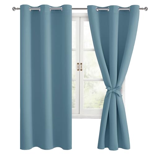 Hiasan Room Darkening Curtains for Bedroom, Noise Reducing, Energy Saving Blackout Window Curtain Panels, Sewn with Tiebacks, Set of 2, Grommet Top (Stone Blue, Width 42 Inch x Length 72 Inch)