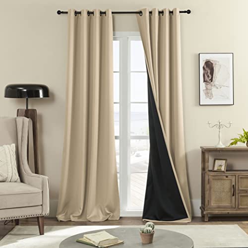 Rutterllow 100% Blackout Curtains, Full Shade Long Complete Drapes for Living Room, Thermal Insulated Bedroom Window Treatment Drapes (2 Panels,Khaki, 52 x 90 inch)