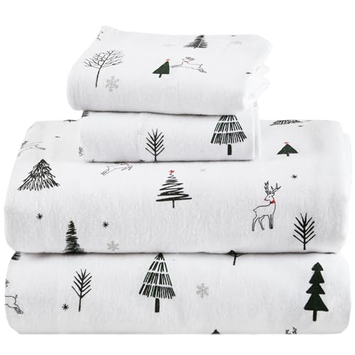 "Comfort Spaces 100% Cotton Flannel Sheets Twin, Ultra Soft Cozy Flannel Sheet Set with 12"" Elastic Pocket Fits up to 14"" Mattress, Novelty Print Themed Warm Flannel Bedding, Reindeer 3 Piece"