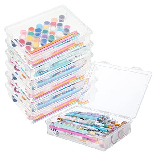 Qunclay 6 Pcs 9 x 8.7 x 2 inches Plastic Storage Box with Lid Multipurpose Craft Organizers Plastic Containers Clear Pencil Case Art Satchel Storage Case for Beads Ornaments Crafts Accessories