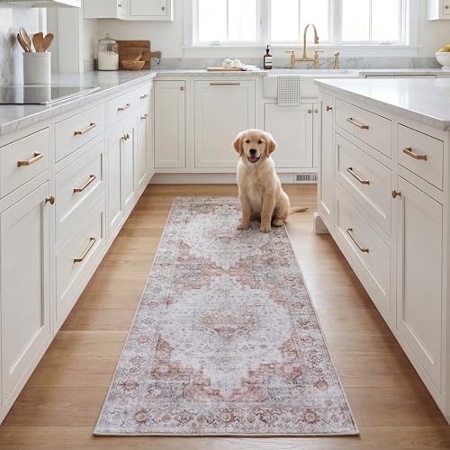 Safavieh Traditional Rug Ideal for High Traffic Areas - Machine Washable and Non Slip - Tucson Collection, Short Pile, in Light Grey and Rust, 244 x 244 cm