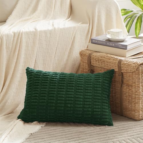 Fancy Homi Boho Dark Green Decorative Throw Pillow Covers 14x24 Inch for Couch Bed Sofa, Rustic Modern Farmhouse Home Decor, Soft Plush Corduroy Cute Square Cushion Case 35x60 cm
