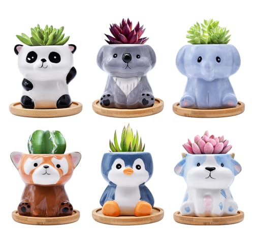 6 Pack Animal Ceramic Succulent Pots with Drainage ??? Mini Cute Planters with Bamboo Trays for Indoor Plants & Cactus, Adorable Animal Pots for Desk, Office, Home Decor, Gift for Kids & Plant Lovers
