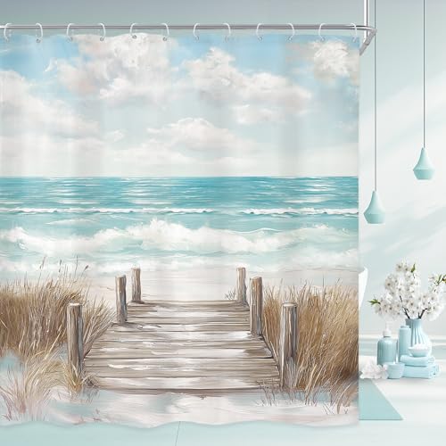 "Riyidecor Beach Teal Ocean Oil Painting Sky Bathroom Shower Curtain Set - 72""W x 72""L shower curtain??? Summer Coastal: HD waterproof print, quick-dry cloth, free hooks for easy installation."