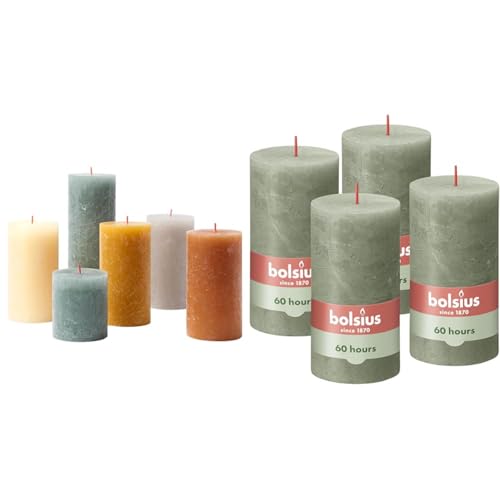 Bundle of Bolsius Rustic Candle Gift Set - Nordic Ambiance - Box of 6 Candles - Long Burning Time + Bolsius Rustic Pillar Candles - Green - Set of 4 - Burning Length Time 60 Hours - 13 x 7 cm