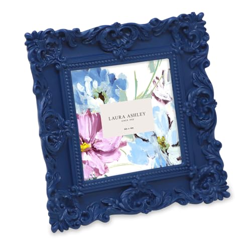 Laura Ashley - Handmade Resin Picture Frame with Easel and Hook for Tabletop and Wall, Decorative Floral Picture Frame for Home Decor, Photo Gallery, Art and More (4x4 Inch, Blue