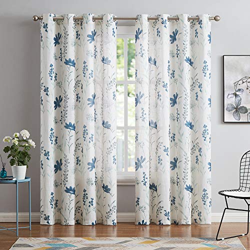 July Joy Printed Sheer Curtains Linen Textured for Living Room Floral Leaf Design Farmhouse Style Window Panel Drapes Set Grommet Treatment for Bedroom, Dining, 52 x 96 inch, Navy Blue