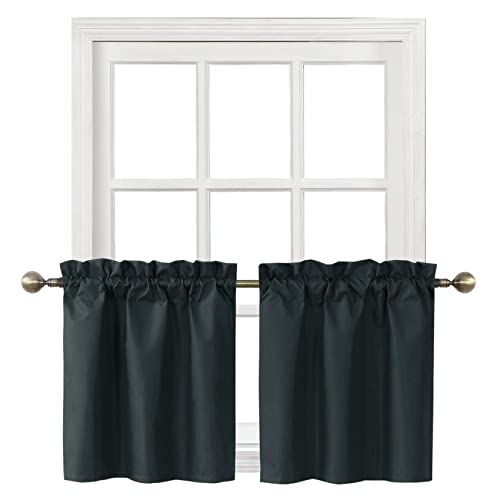Home Queen Blackout Rod Pocket Tier Curtains for Small Window, Short Room Darkening Basement Curtains, Cafe Drapes, 2 Panels, 26 W x 24 L Inch Each, Black