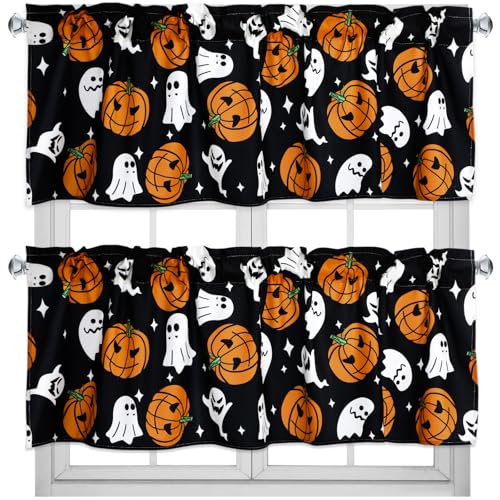 GlikCeil 2 Pack Halloween Valance Curtains for Windows Cartoon Ghost Pumpkin Valances Spooky Pumpkins Halloween Curtains Rod Pocket Short Window Treatment for Home Kitchen Windows Decor 54 x 18 Inch