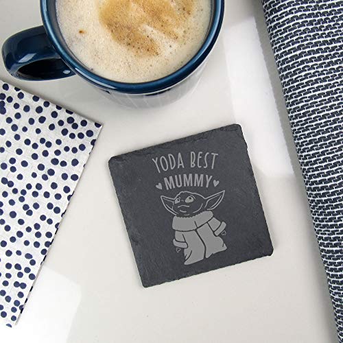 eBuyGB Personalised Square Slate Coaster, Engraved Baby Yoda Coaster, Star Wars Themed Drinks Mat, Gifts for Mummy from Daughter, Son (Yoda Best Mummy)