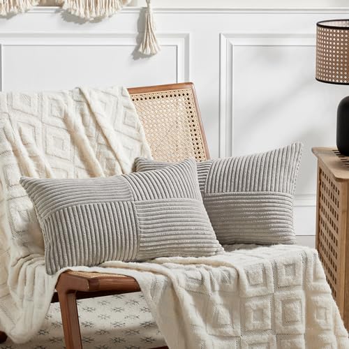 Fancy Homi 2 Packs Neutral Grey Long Lumbar Pillow Decorative Cushion Covers for Couch Bed Sofa, Rustic Farmhouse Boho Home Decor, Soft Striped Corded Rectangle Accent Pillow Cover 40x60 cm