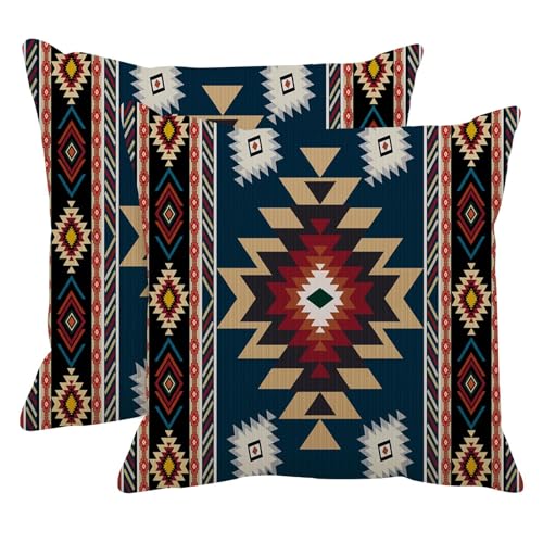 Britimes Throw Pillow Covers, Aztec Bohemian Home Art Decor, 18 x 18 Inches Set of 2 Cushion Couch Sofa Cases, Navy Blue Tribal Western Pillowcases for Bedroom, Geometric Living Room Decorative