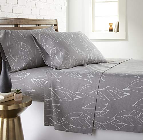 Southshore Fine Living, Inc. 4-Piece Botanical Sheets Set, 15 Inch Deep Pocket King Size Sheet Sets, Easy Care Microfiber Bedsheets, Leaf Printed Sheet Set King Size - Modern Foliage White on Grey