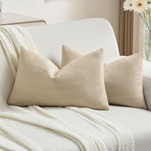 FUTEI Oatmeal Chenille Decorative Throw Pillow Covers 12x20 Inch Set of 2,Soft Cozy Striped Geometric Patterns Lumbar Pillow Cases,Modern Home Decor for Couch Bed Living Room