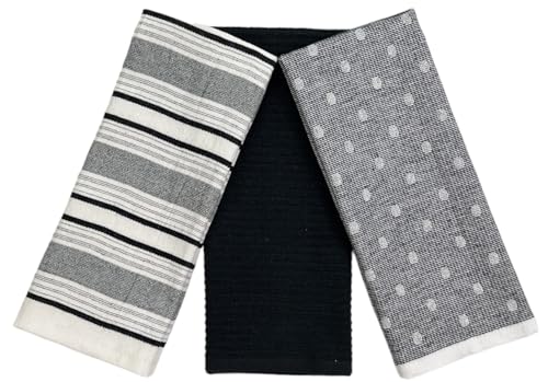"Black White Kitchen Hand Dish Towels: Oversized 28"" x 16"",100% Cotton Cloth Soft Cleaning Drying Absorbent Striped Solid Polka Dot Design, Set of 3 Multipurpose for Everyday Use (Black Austin)"