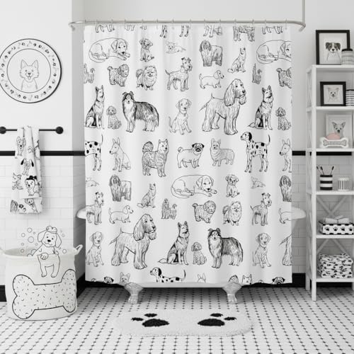 "Cartoon Dog Shower Curtain Black White Dog Puppy Sketch Bathroom Curtains for Kids Girls Boys Adult Room Decor Cute Pet Animals Waterproof Fabric Soft Lightweight Bath Curtains,12 Hooks,72""Wx84""L"