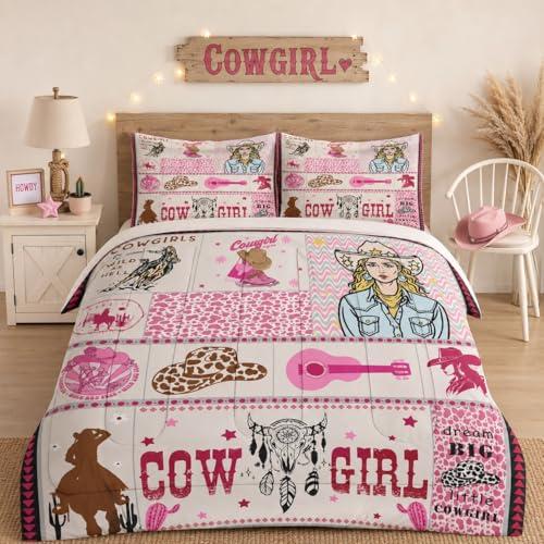 Pamnest Comforter Set Full Size, Cowboy Cowgirl Western Country Soft 3 Pcs Bedding for Kids and Adults, Rustic Retro Pink Girls Comforter Set with Pillowcase, for Bedroom Bed Decor
