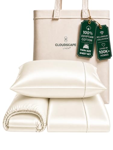 Cloud Scape Linen Engineered Dual-Ply Egyptian Cotton Twin Size Sheet Set ??? Long-Staple Sateen Weave, 3Pcs Soft Hotel Quality Dorm Essential Bedding Set,Deep Pockets Up to 17???, Ivory