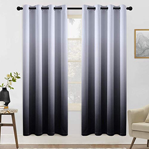 COSVIYA Grommet Ombre Room Darkening Curtains 72 inch Length 2 Panels, Gradient Drapes Black and Grayish White Light Blocking Insulated Thermal Window Curtains for Bedroom/Living Room,52x72 inches