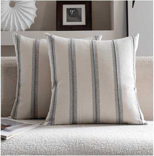 Cethom Boho Throw Pillow Covers 20x20 Set of 2, Grey Striped Decorative Pillow Cases for Couch Chair Bed, Textured Farmhouse Modern Accent Cushion Covers for Living Room Bedroom Sofa Home Decor