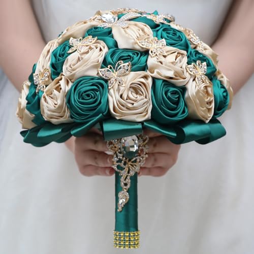 "Mhojpik Handmade Wedding Flowers Bouquet Round Holding Bridal Bouquet Toss Artificial Rose Bunch for Bride Bridesmaid Wedding Quinceanera (Dark Green & Camel Brown, 8.7"")"