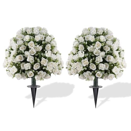 "Set of 2 Artificial Topiary Ball Trees with Rose Flowers, 24"" Fake Boxwood Shrubs for Outdoor with Ground Spike, UV Resistant No Fade Faux Greenery Plants for Indoor Garden, Patio, Porch (White)"