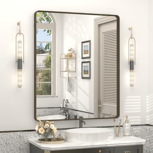 VANLIO 30x36 Inch Bronze Framed Bathroom Mirror - Brushed Bronze Metal Frame, Rounded Rectangle Vanity Mirror, Anti-Rust, Shatterproof, Hangs Horizontally or Vertically