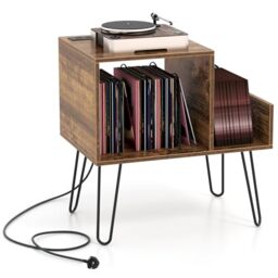 CASART Record Player Stand, Turntable Stand with Charging Station, Removable Dividers & Metal Legs, Vinyl Record Storage Cabinet Holds up to 145 Albums End Table for Living Room Bedroom (Rustic Brown)