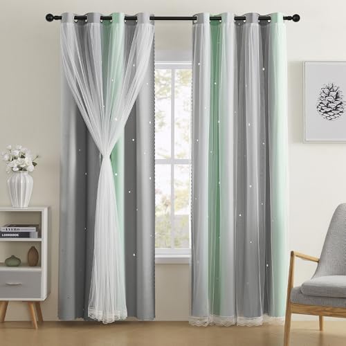 XiDi Blackout Curtains for Bedroom Decor - Rainbow Unicorn Wall Decals for Girl's and Kids' Room - Green Light Grey 52X84 Inch Long 1 Panel