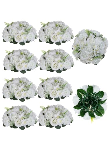 BLOSMON White Peony Flower Balls: 10pc 9.5 Inch Artificial Peonies Floral Arrangement Bouquet Wedding Centerpieces Decoration - Fake Silk Kissing Ball Center Piece Home Party Baby Shower Decor