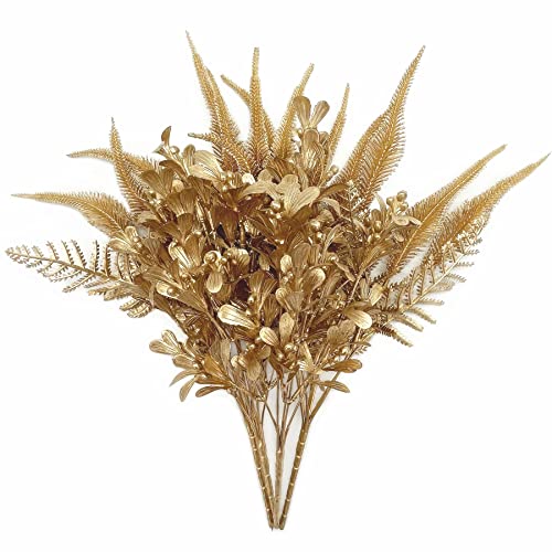 PASYOU Fake Plants Gold Flowers Bouquet Christmas Decoration, Artificial Shrubs Plastic Grass Leaves Indoor Outdoor Home Garden Party Hotel Verandah Wedding Event Faux DIY Table Decor - Golden 4 Pack