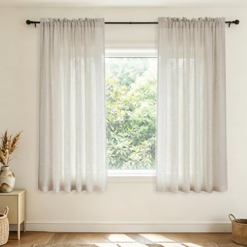 Beige Linen Curtains for Small Windows 45 Inch Length 2 Panel Rod Pocket Burlap Cotton Look Short Lightweight Classy Classic Accent Curtain for Kitchen Bathroom Basement Industrial Farmhouse Decor Tan