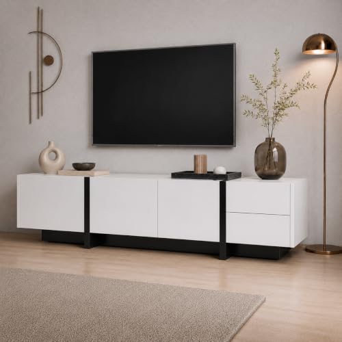 ModernLuxe TV Stand Cabinet, Stylish Elegant TV Unit with Low Panel, Modern TV Cabinet for Living Room, Practical TV Table with Shelves and Drawers, High-gloss White and Black Colorblock, 190cm