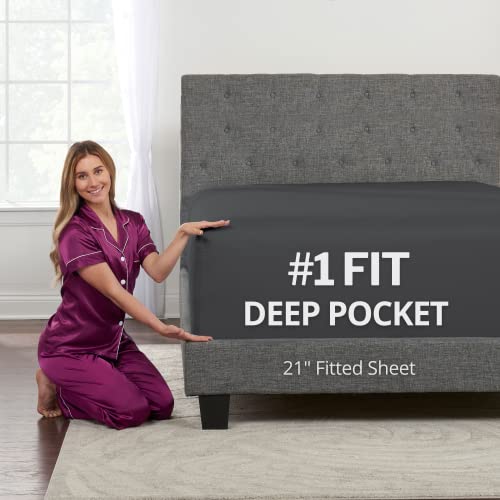 "Queen Fitted Sheet - Deep Pocket 21"" Bottom Sheet Perfectly Fits 17""-23"" Deep Mattress & Toppers - Lovely Joyful Feel - Dark Grey"