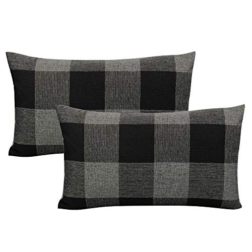 VAKADO 12x20 Inch Pack of 2 Farmhouse Retro Check Plaids Lumbar Throw Pillow Covers Decorative Rectangle Cushion Cases for Sofa Couch Car, Black Grey/Gray
