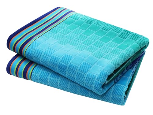 COTTON CRAFT Oversized Beach Towel - 2 Pack 35 x 70 Big & Huge Towel Set - Plush 100% Cotton Terry Jacquard Velour 450 GSM Thick Super Soft Absorbent Luxury - Pool Picnic Bath Towel - Blue Tiles