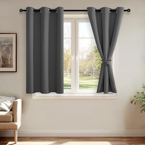 JIUZHEN Blackout Curtains with Tiebacks - Thermal Insulated, Light Blocking and Noise Reducing Grommet Curtain Drapes for Bedroom and Living Room, Set of 2 Panels, 42 x 45 Inch Length, Dark Grey