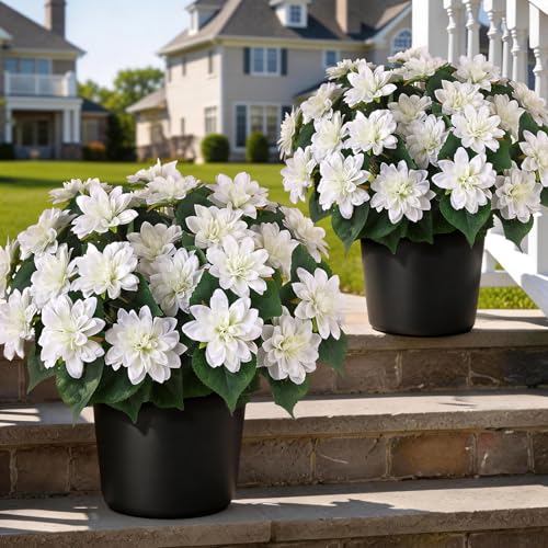 "2 Set 20"" Artificial Dahlia Flower Topiary Ball Trees for Porch(White) - with Pots,No Assembly Required, UV Resistant Fake Silk Flowers Potted Plant, for Front Door Home Outdoor Spring Summer Decor"